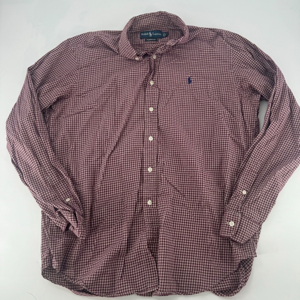 Ralph Lauren Classic Fit Mens Large Burgundy Check Button Down Shirt Long Sleeve